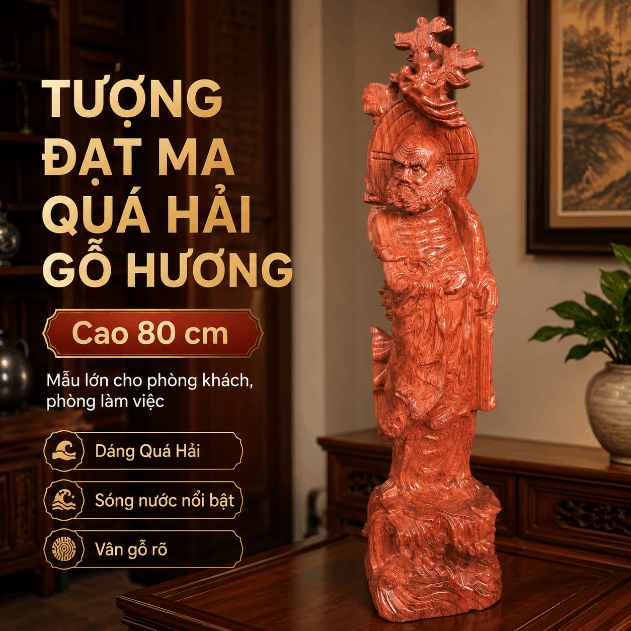 Tượng Đạt Ma Quá Hải Gỗ Hương Cao 80 cm