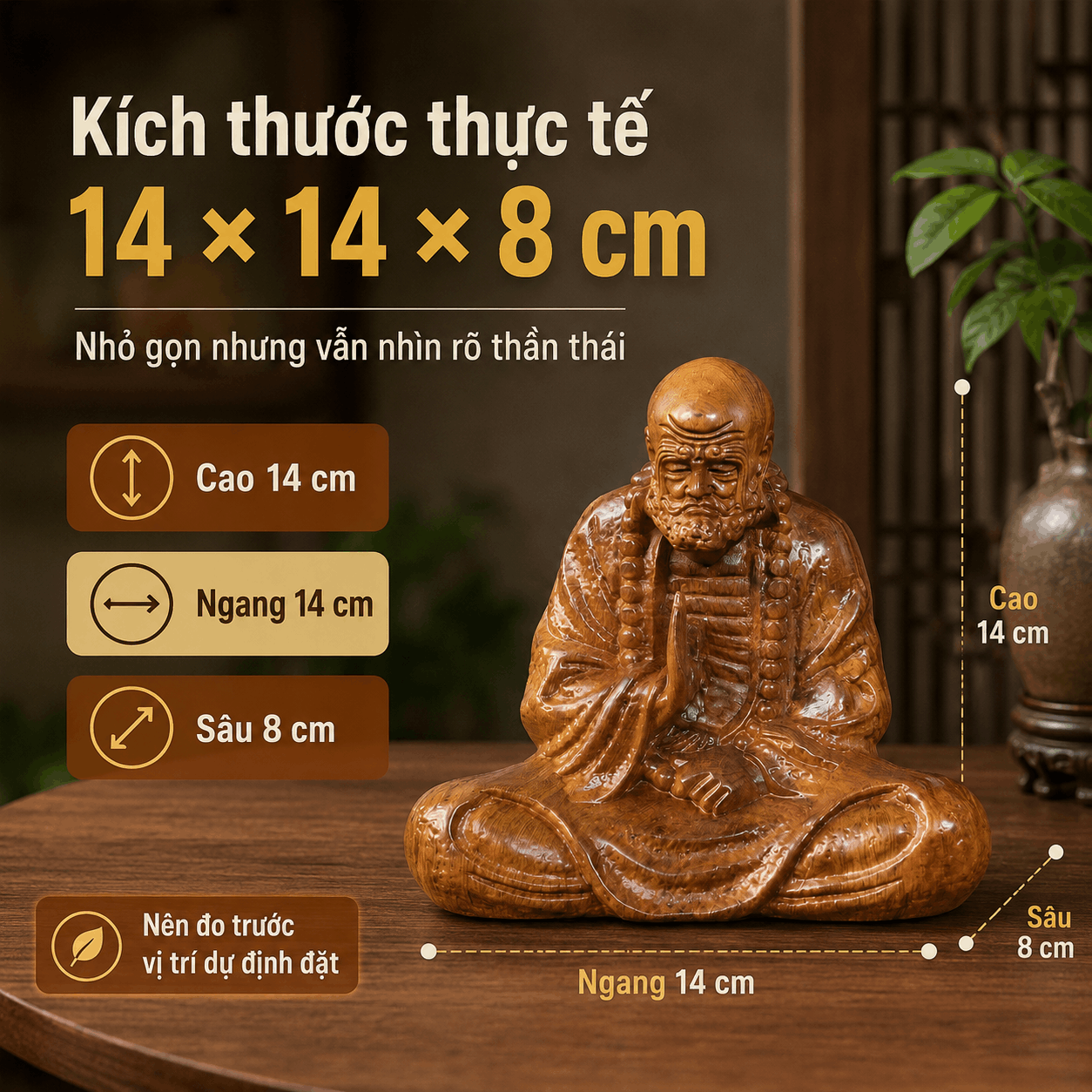 Tượng Đạt Ma Sư Tổ Gỗ Bách Xanh 14 cm – Để Bàn, Ô Tô