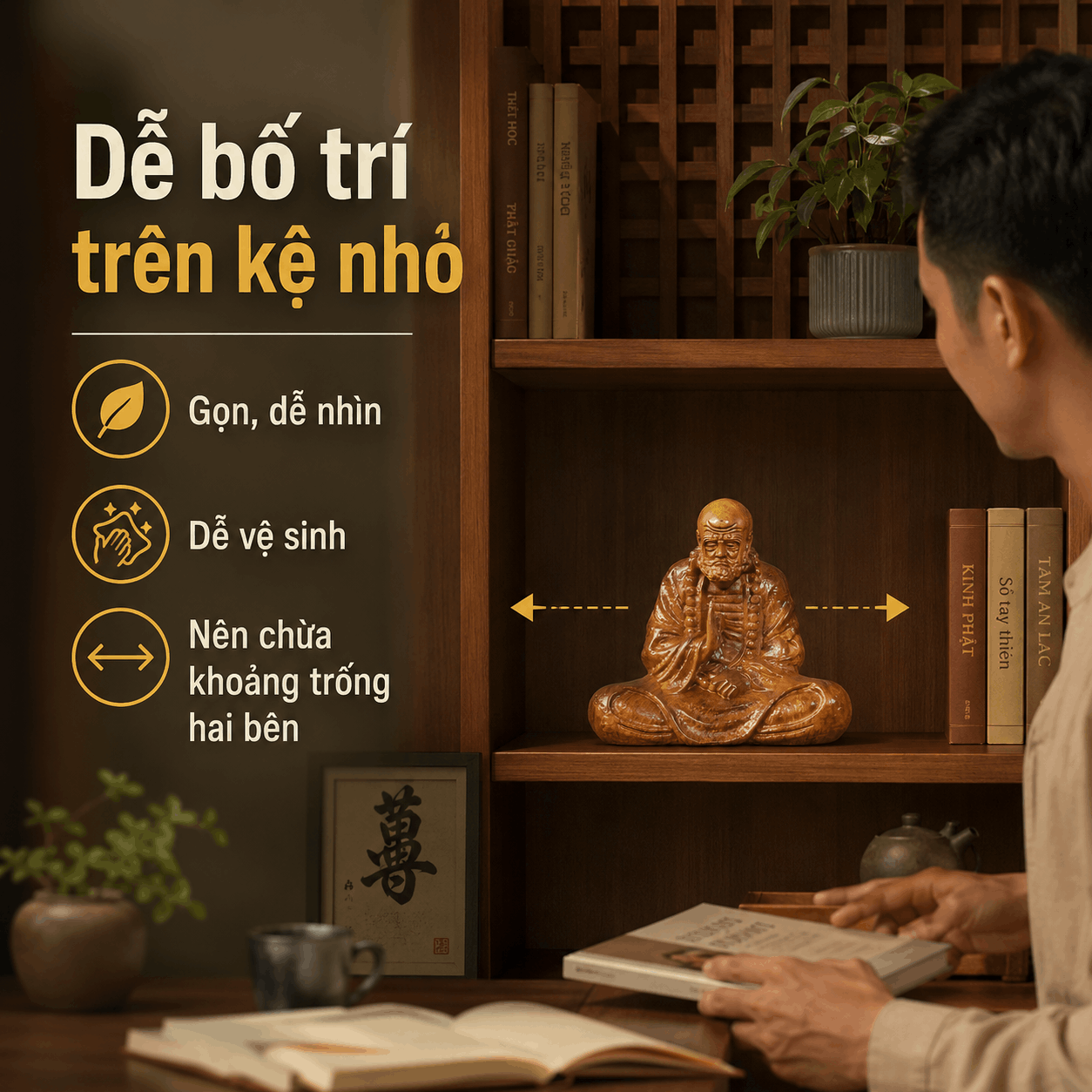 Tượng Đạt Ma Sư Tổ Gỗ Bách Xanh 14 cm – Để Bàn, Ô Tô