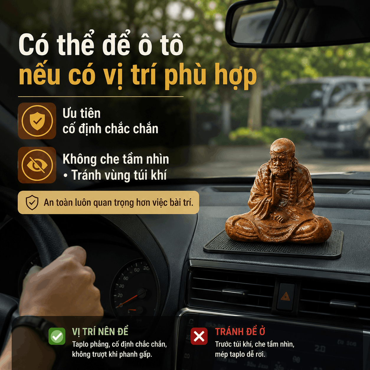 Tượng Đạt Ma Sư Tổ Gỗ Bách Xanh 14 cm – Để Bàn, Ô Tô