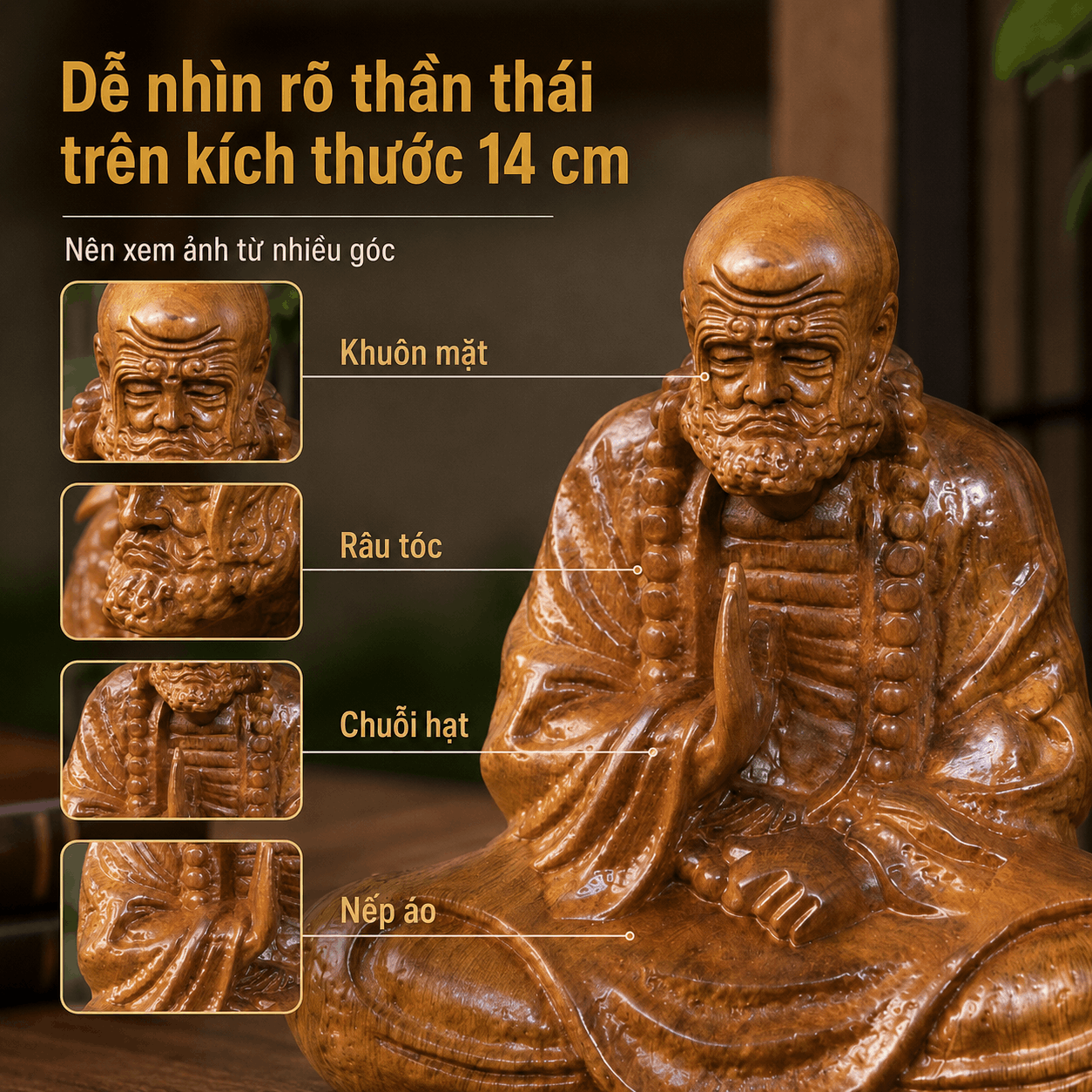 Tượng Đạt Ma Sư Tổ Gỗ Bách Xanh 14 cm – Để Bàn, Ô Tô