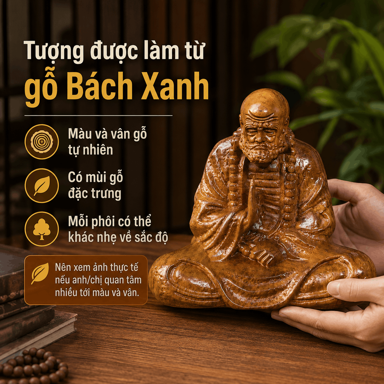 Tượng Đạt Ma Sư Tổ Gỗ Bách Xanh 14 cm – Để Bàn, Ô Tô