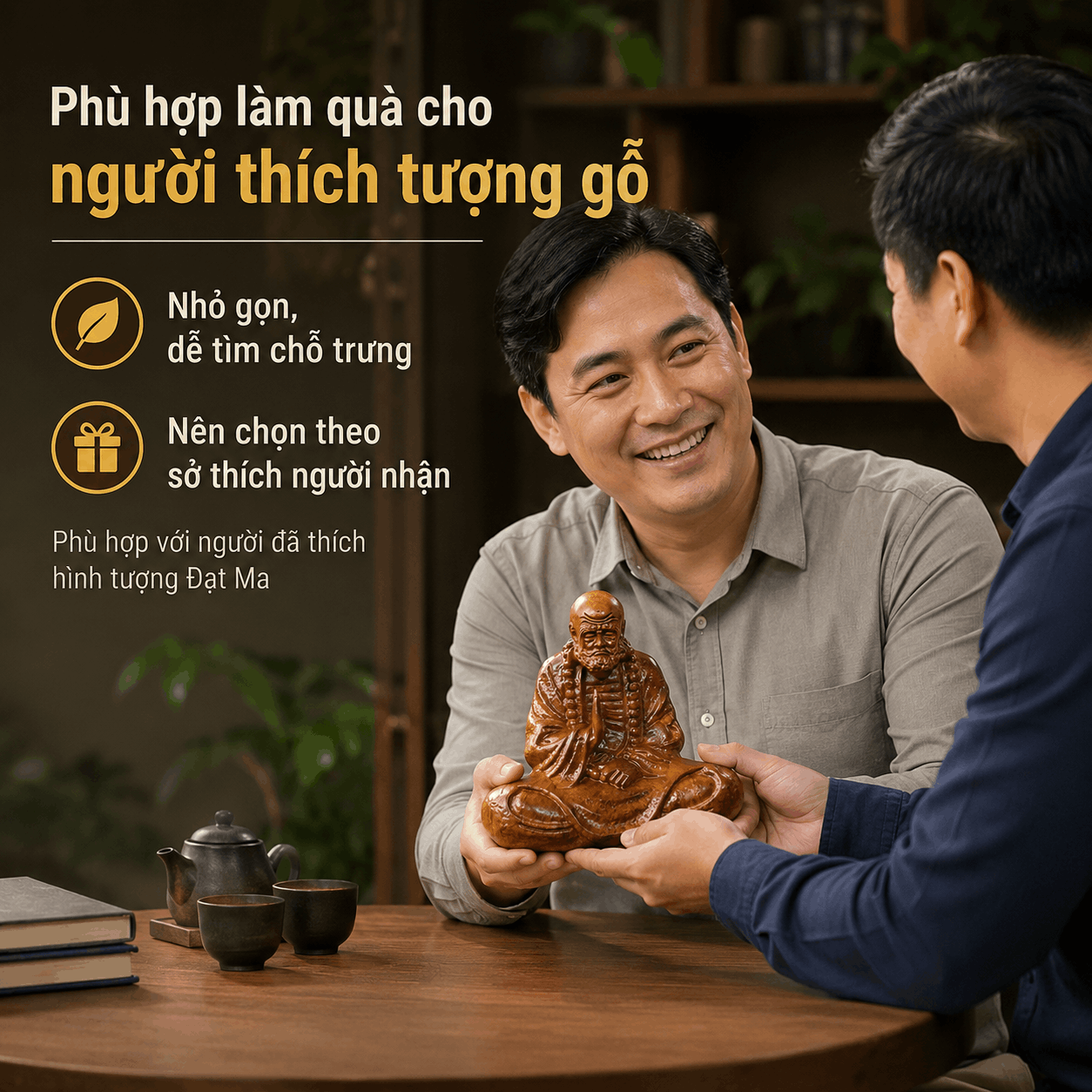 Tượng Đạt Ma Sư Tổ Gỗ Bách Xanh 14 cm – Để Bàn, Ô Tô