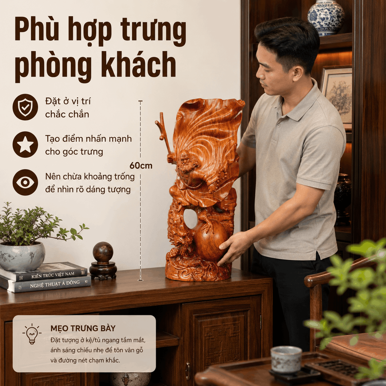 Tượng Đạt Ma Sư Tổ Ngự Long Múa Võ Gỗ Hương Cao 60 cm