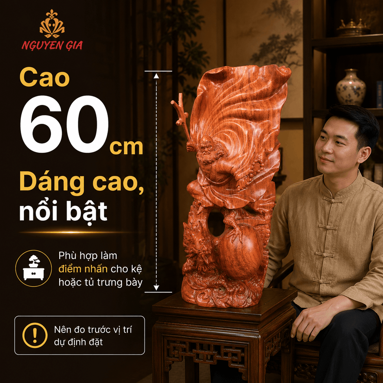Tượng Đạt Ma Sư Tổ Ngự Long Múa Võ Gỗ Hương Cao 60 cm