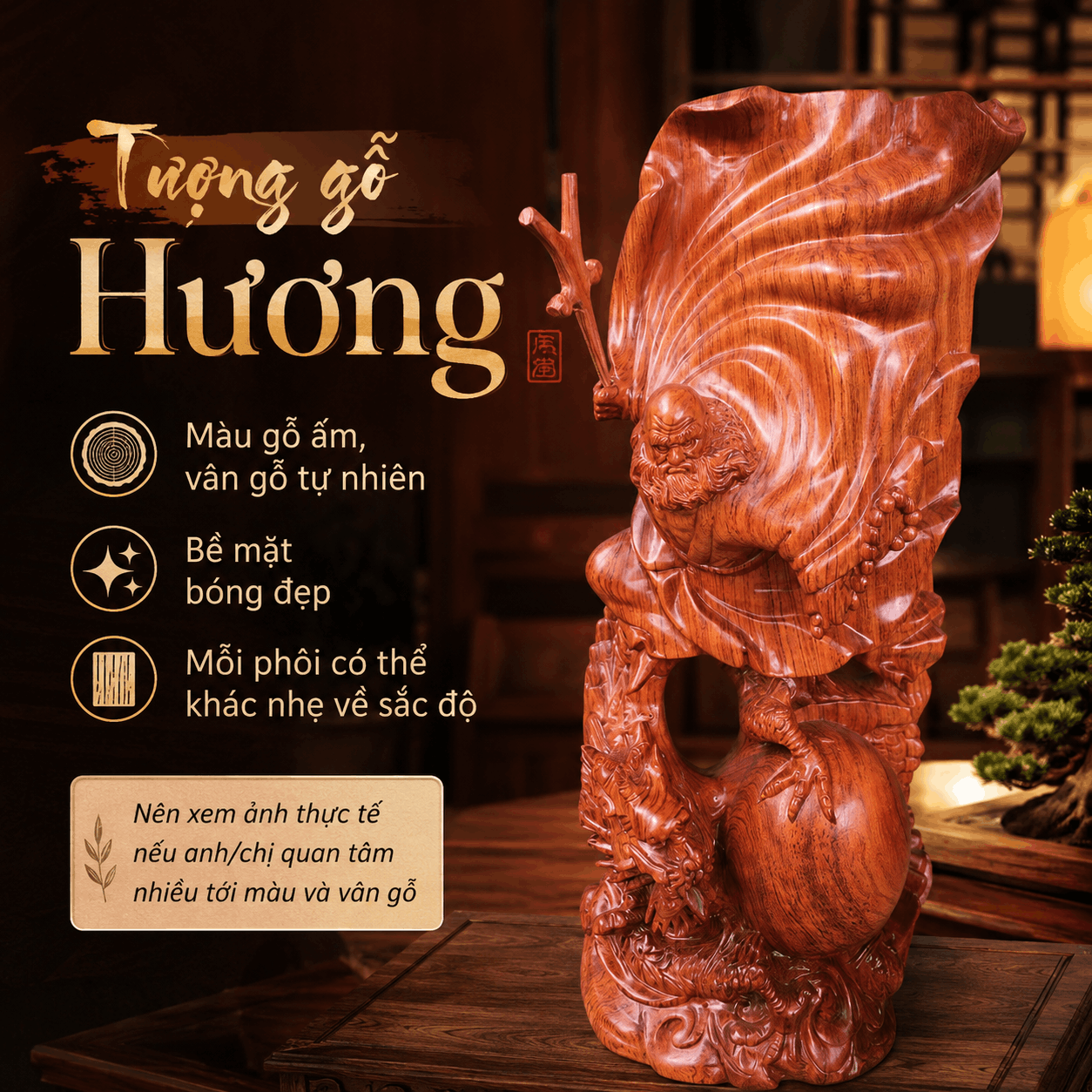 Tượng Đạt Ma Sư Tổ Ngự Long Múa Võ Gỗ Hương Cao 60 cm