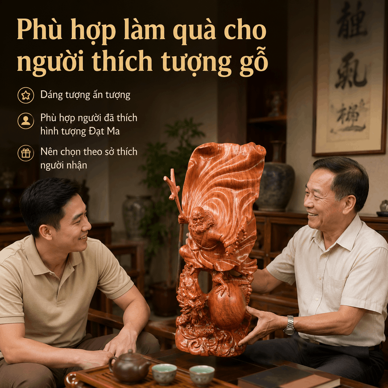 Tượng Đạt Ma Sư Tổ Ngự Long Múa Võ Gỗ Hương Cao 60 cm