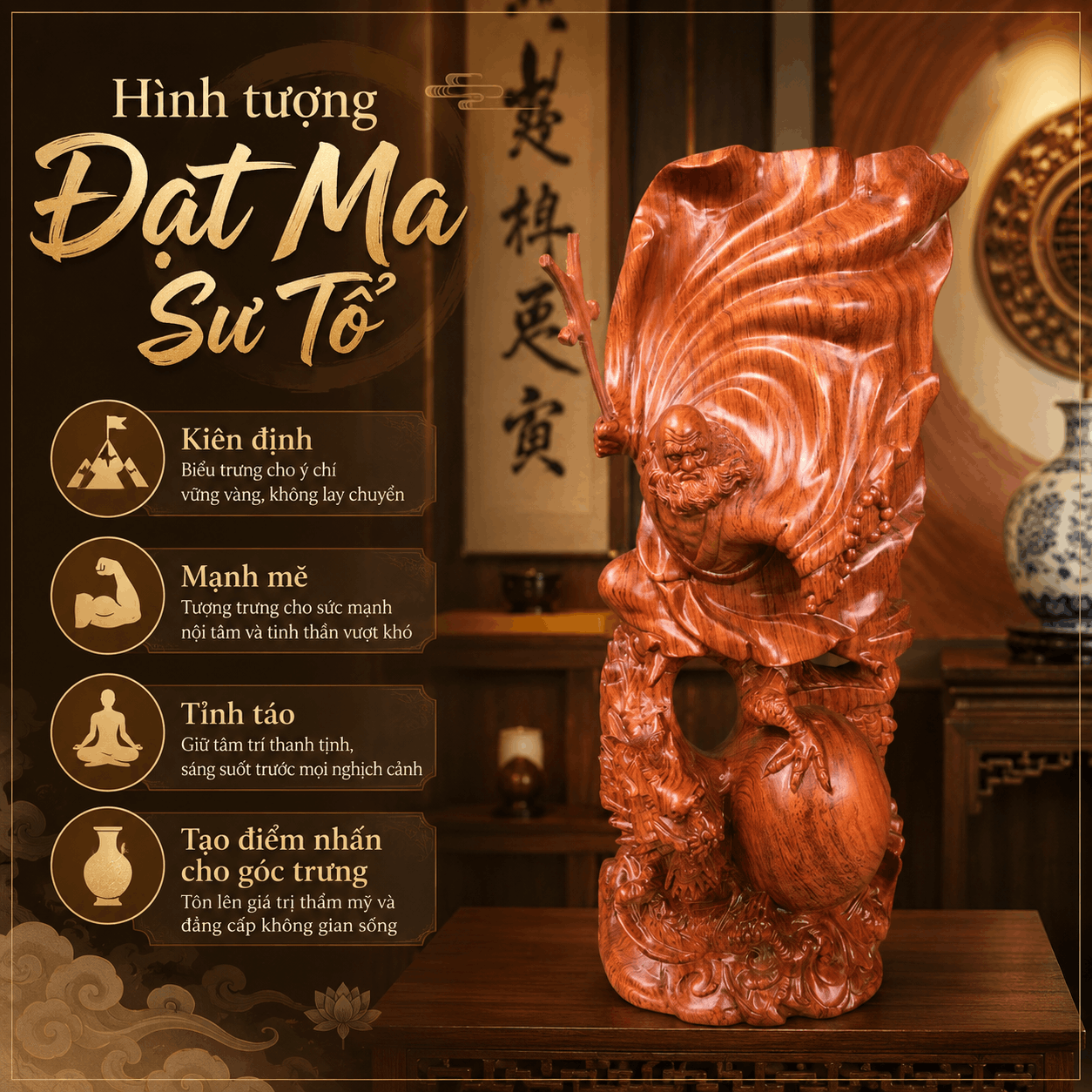 Tượng Đạt Ma Sư Tổ Ngự Long Múa Võ Gỗ Hương Cao 60 cm