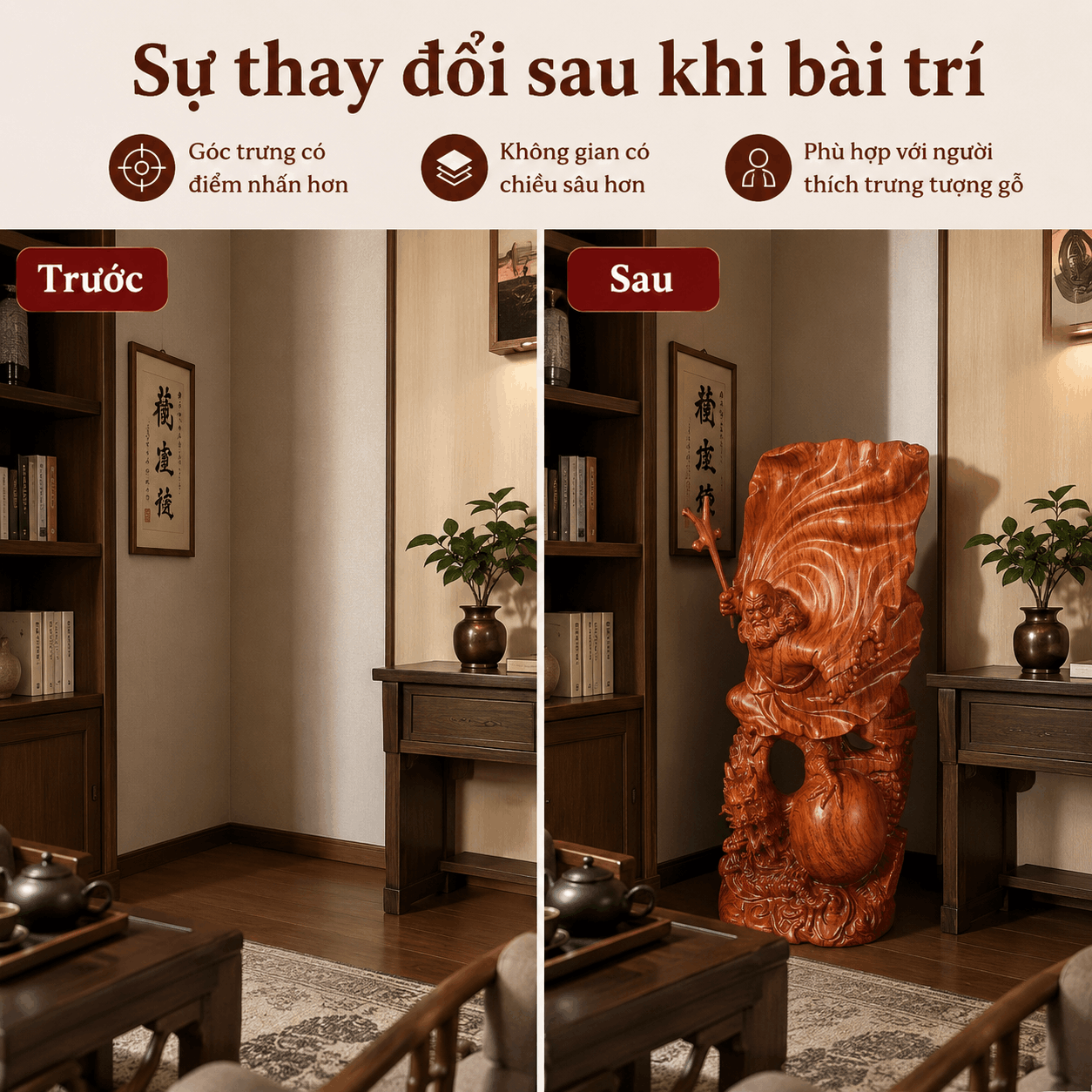 Tượng Đạt Ma Sư Tổ Ngự Long Múa Võ Gỗ Hương Cao 60 cm