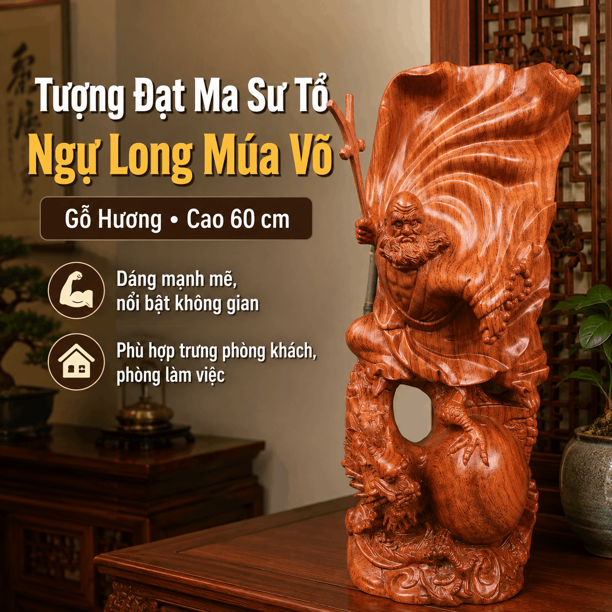 Tượng Đạt Ma Sư Tổ Ngự Long Múa Võ Gỗ Hương Cao 60 cm