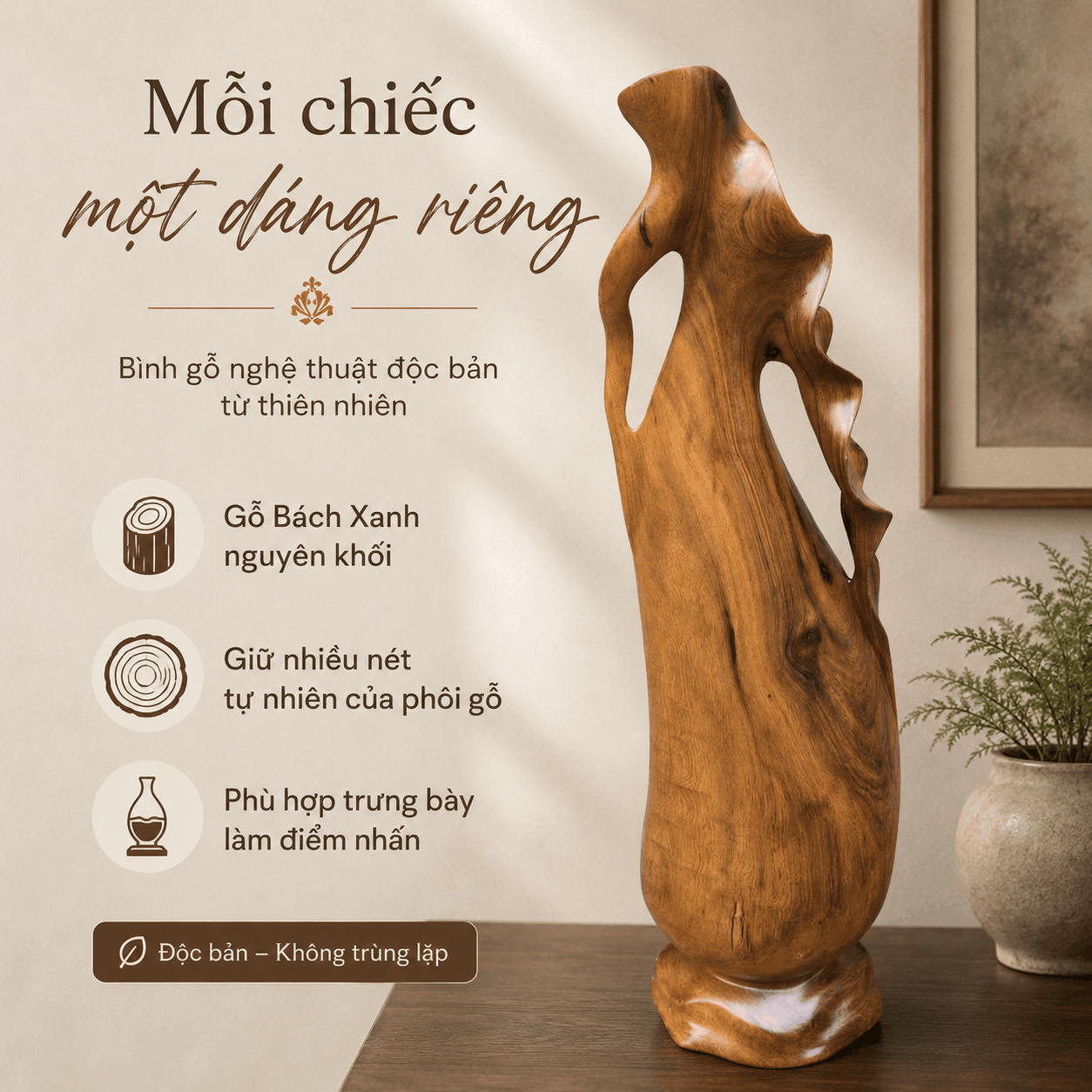Bình Phay Nghệ Thuật Gỗ Bách Xanh Nguyên Khối Độc Bản 47 cm