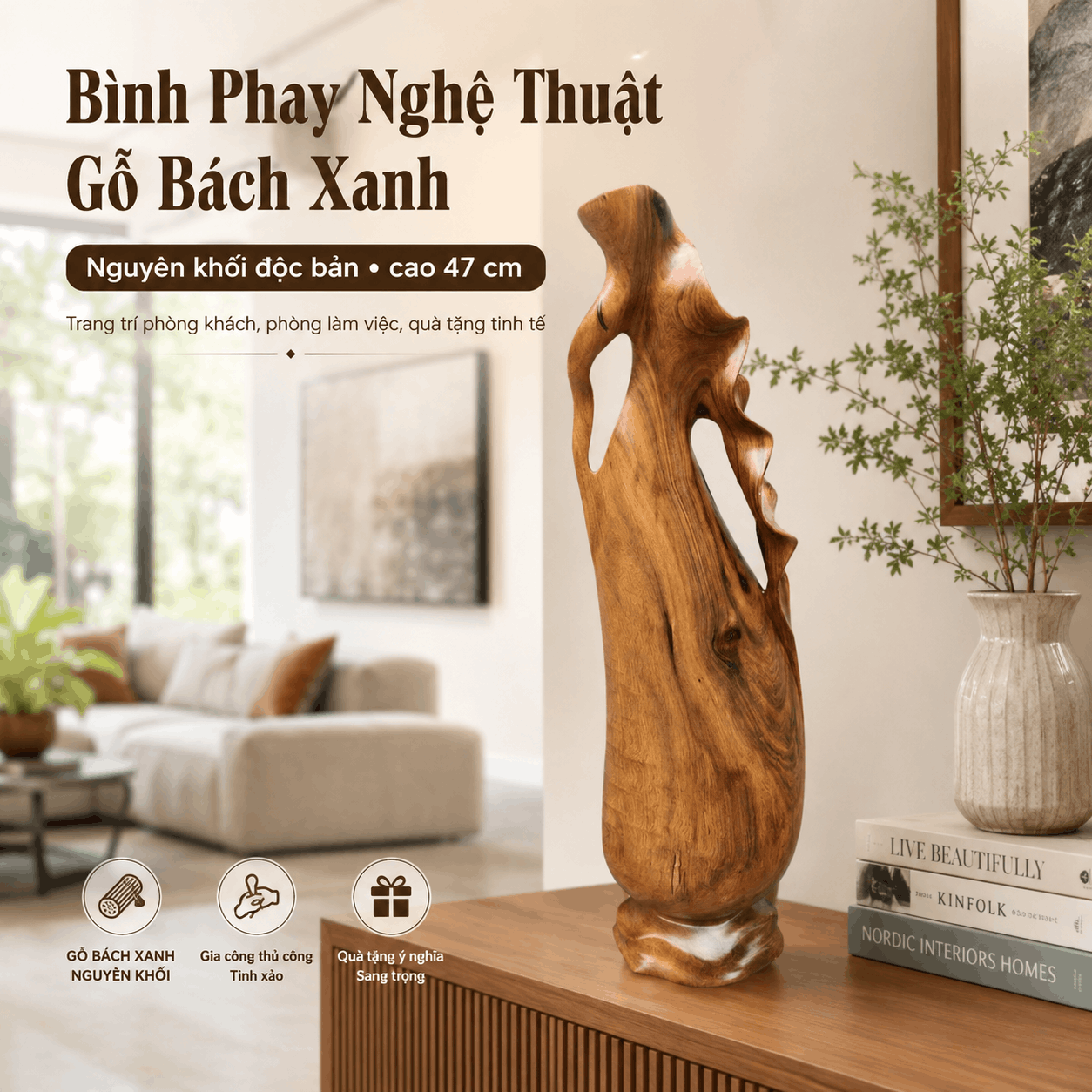 Bình Phay Nghệ Thuật Gỗ Bách Xanh Nguyên Khối Độc Bản 47 cm