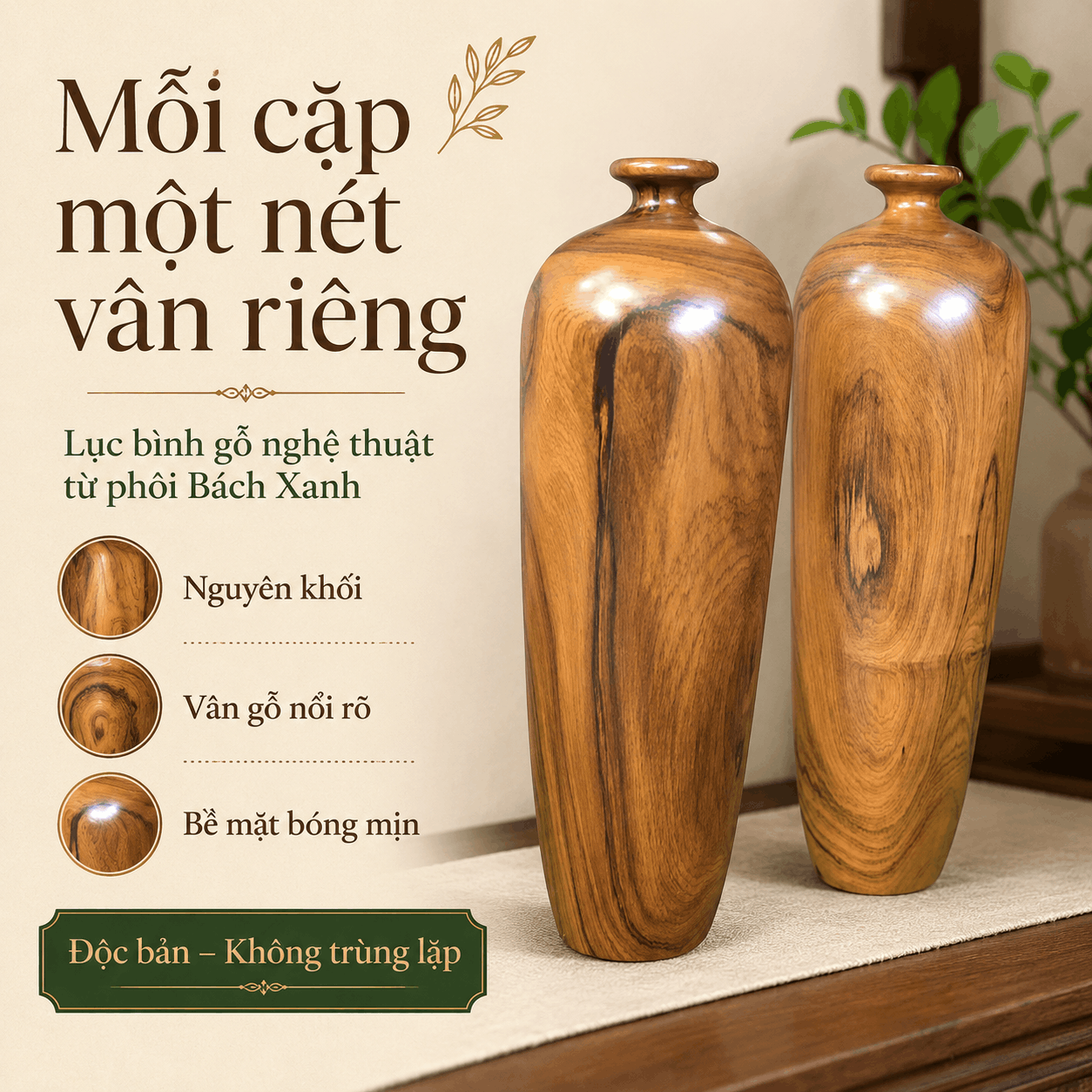 Cặp Lục Bình Gỗ Bách Xanh Nguyên Khối Cao 35 cm