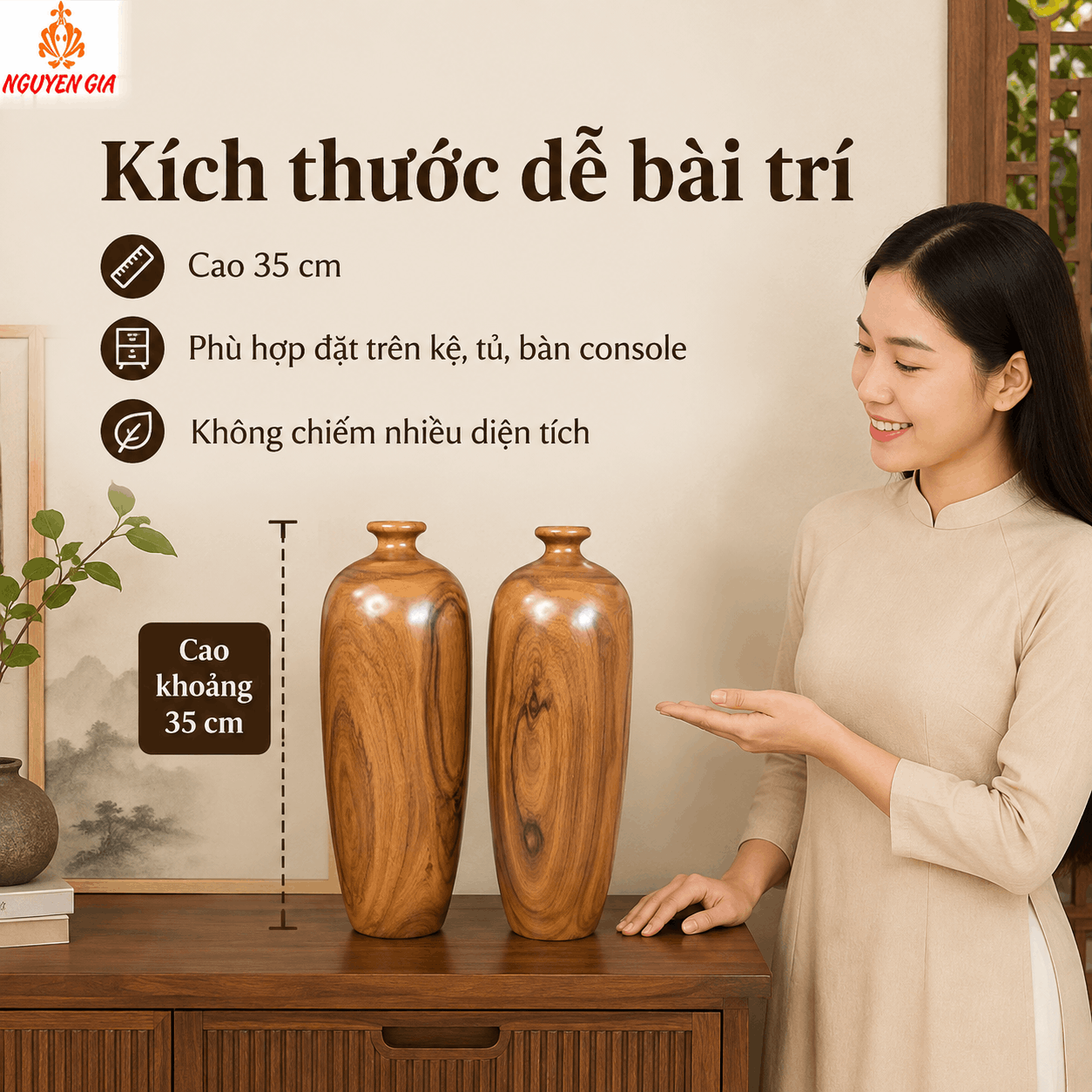Cặp Lục Bình Gỗ Bách Xanh Nguyên Khối Cao 35 cm