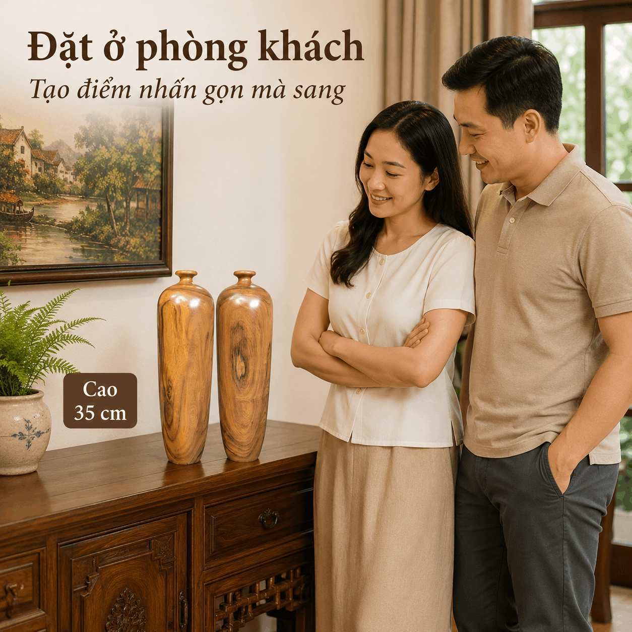 Cặp Lục Bình Gỗ Bách Xanh Nguyên Khối Cao 35 cm