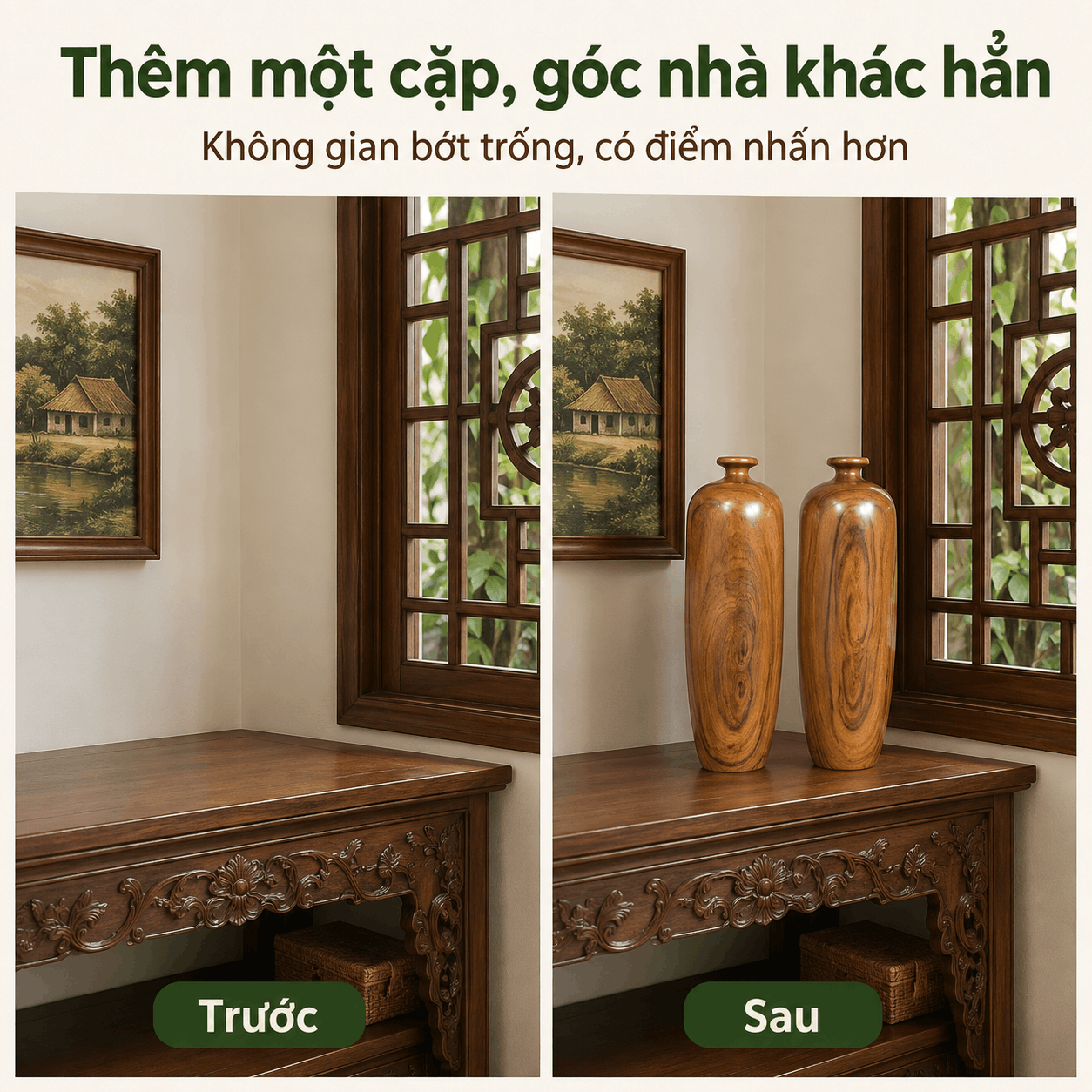 Cặp Lục Bình Gỗ Bách Xanh Nguyên Khối Cao 35 cm