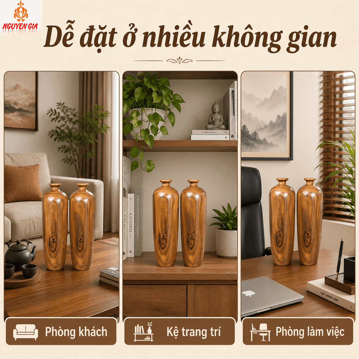 Cặp Lục Bình Gỗ Bách Xanh Nguyên Khối Cao 35 cm