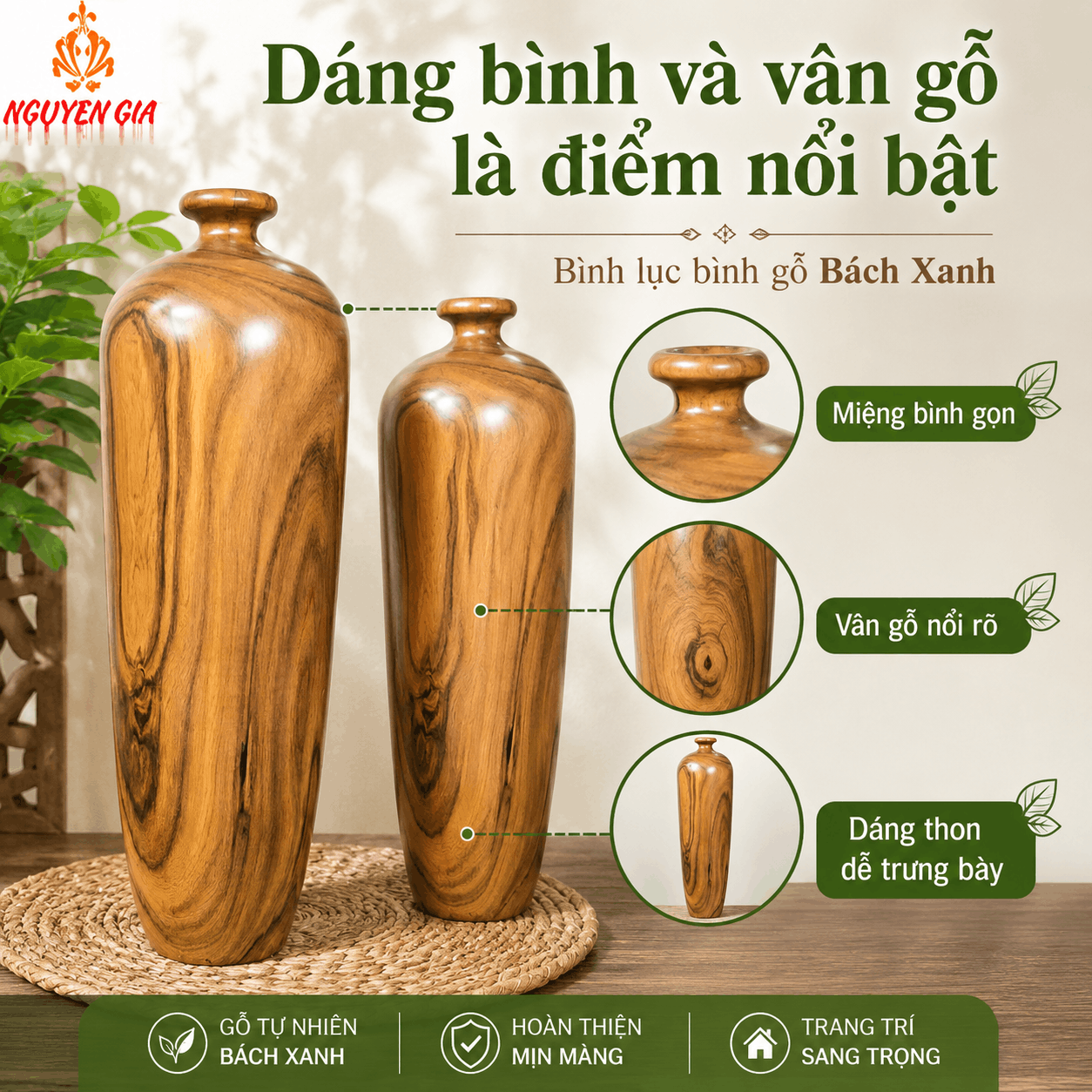 Cặp Lục Bình Gỗ Bách Xanh Nguyên Khối Cao 35 cm