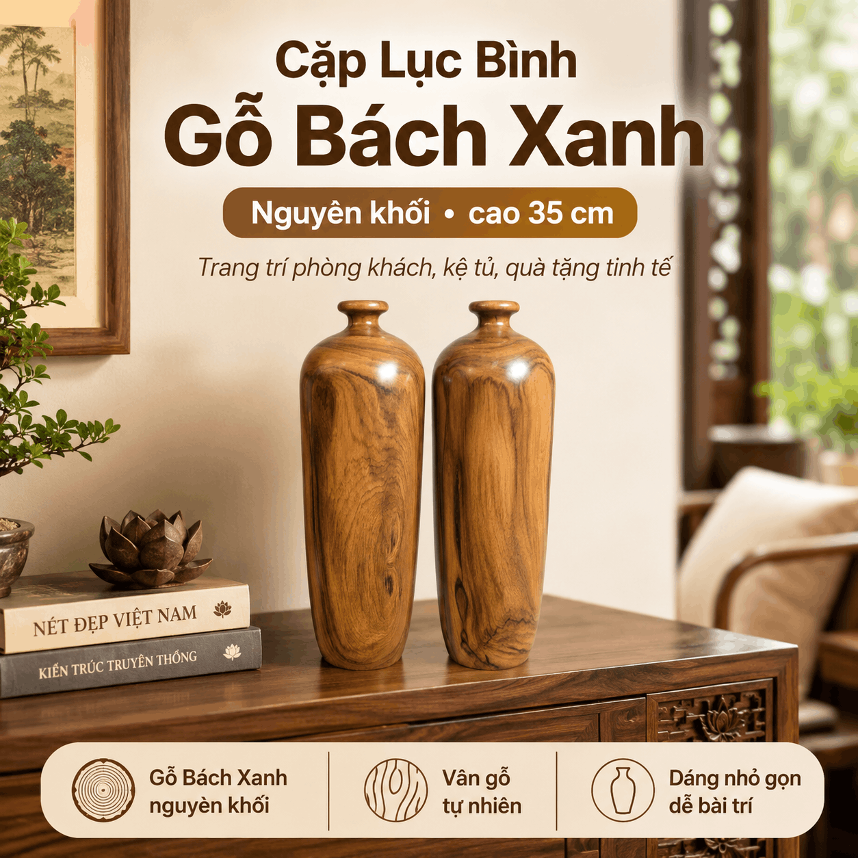 Cặp Lục Bình Gỗ Bách Xanh Nguyên Khối Cao 35 cm