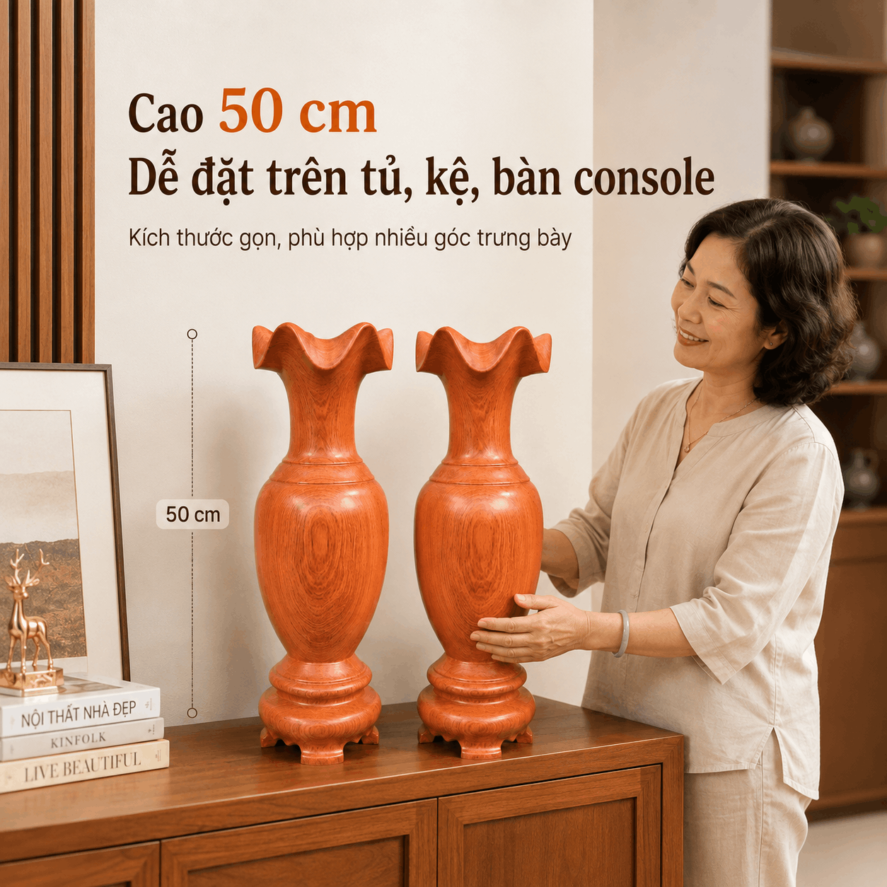 Cặp Lục Bình Gỗ Hương Nguyên Khối Cao 50 cm