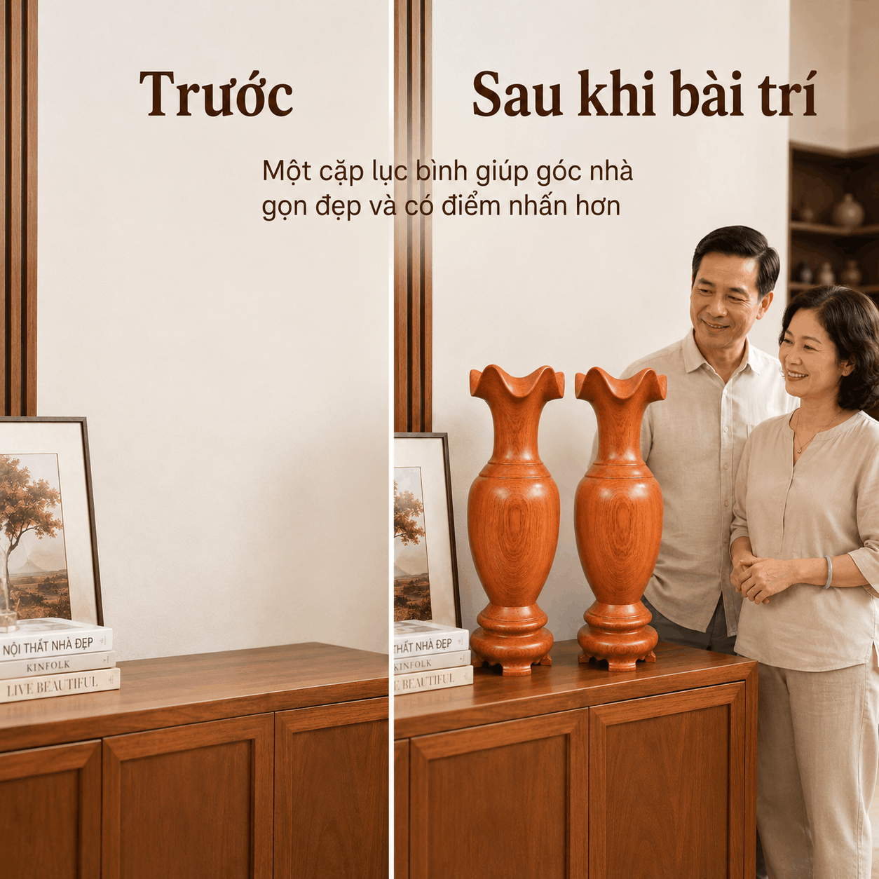 Cặp Lục Bình Gỗ Hương Nguyên Khối Cao 50 cm