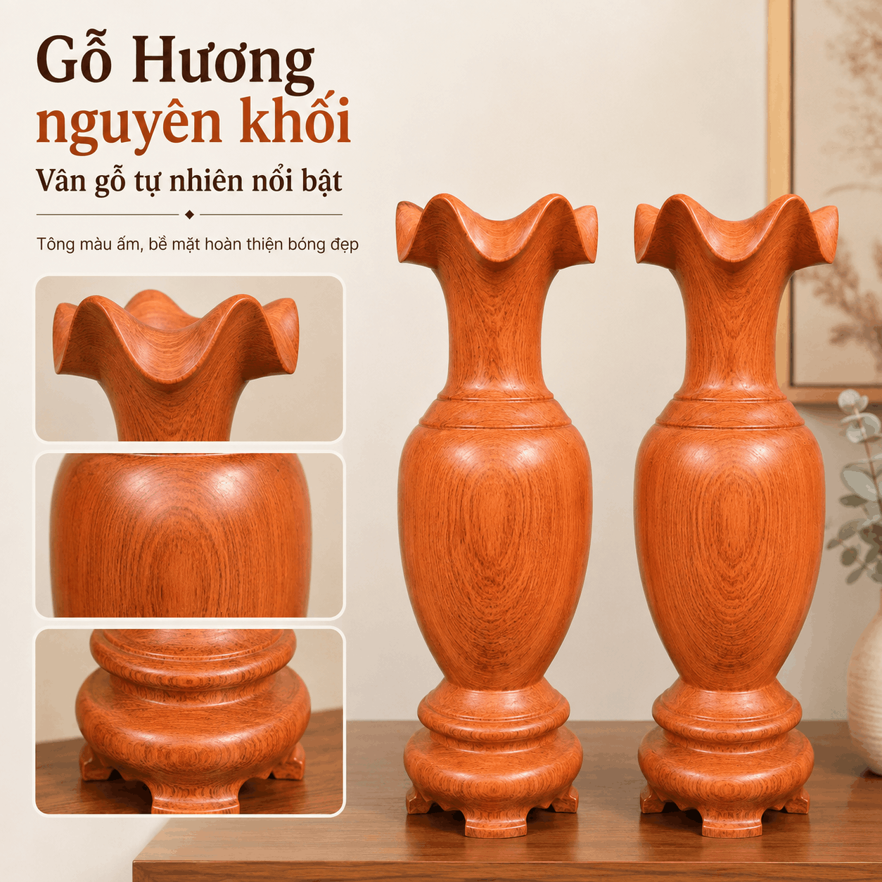 Cặp Lục Bình Gỗ Hương Nguyên Khối Cao 50 cm