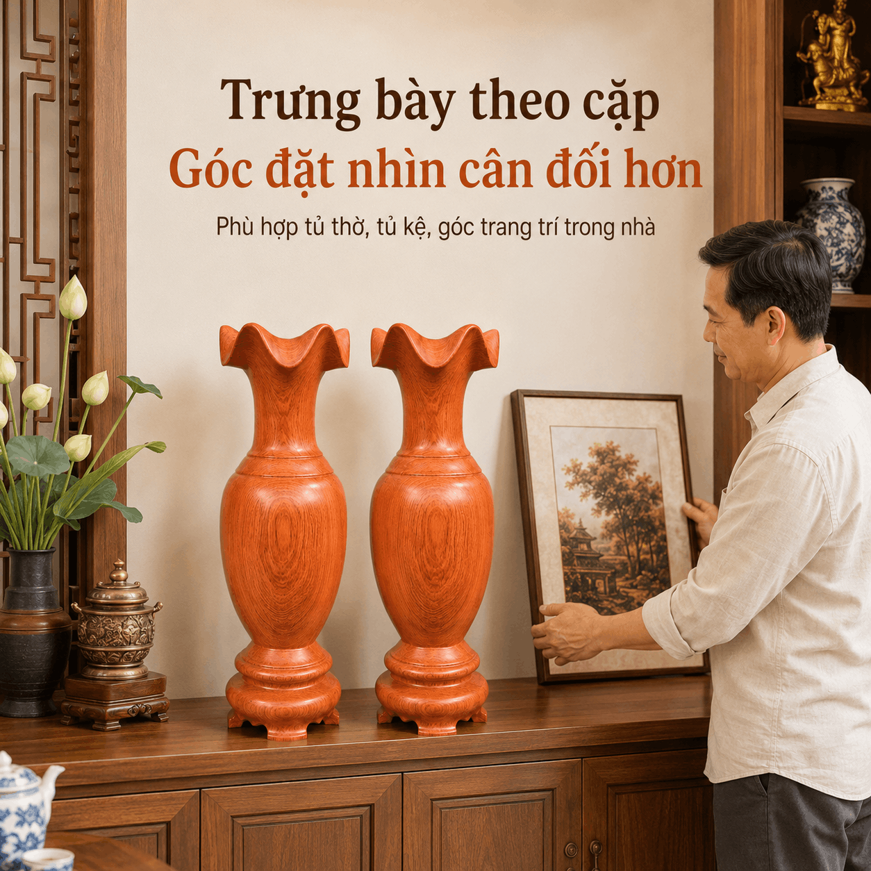 Cặp Lục Bình Gỗ Hương Nguyên Khối Cao 50 cm