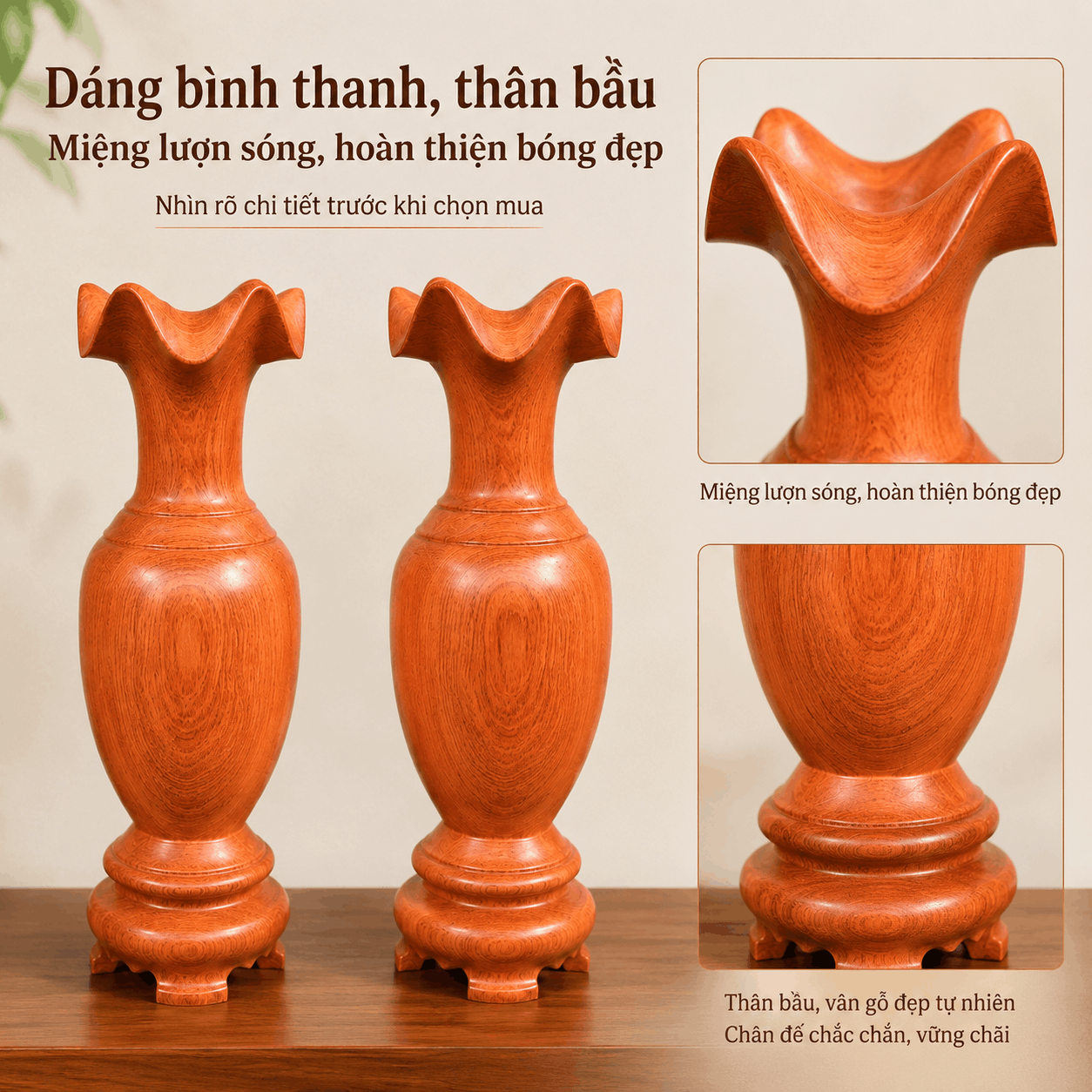 Cặp Lục Bình Gỗ Hương Nguyên Khối Cao 50 cm
