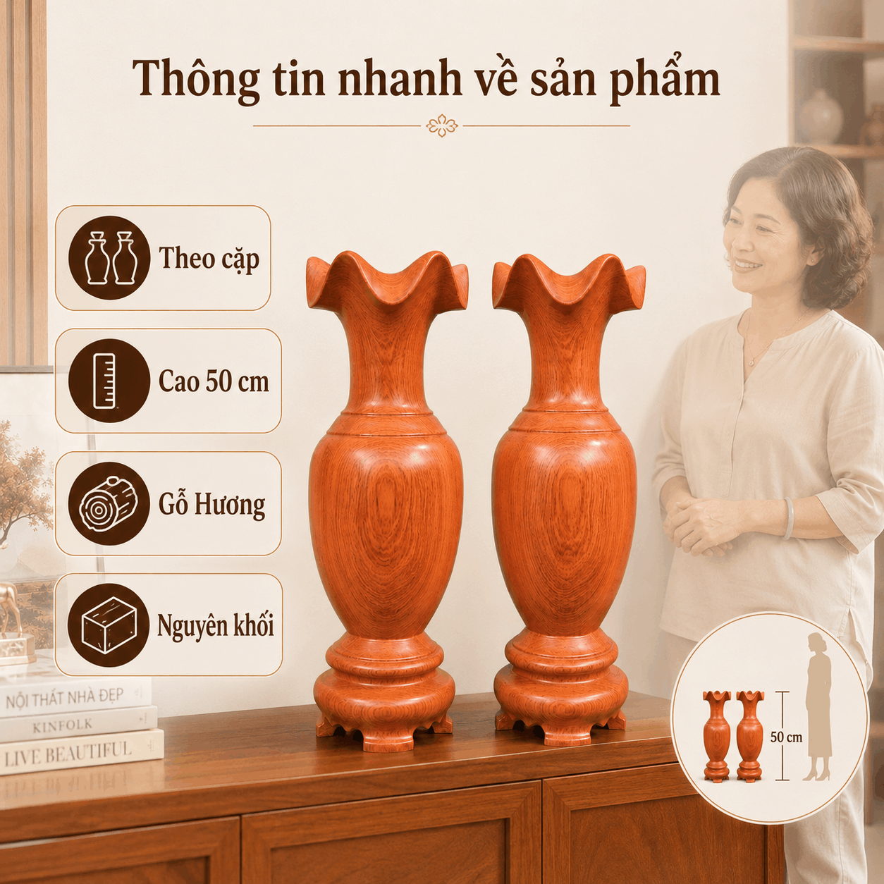 Cặp Lục Bình Gỗ Hương Nguyên Khối Cao 50 cm