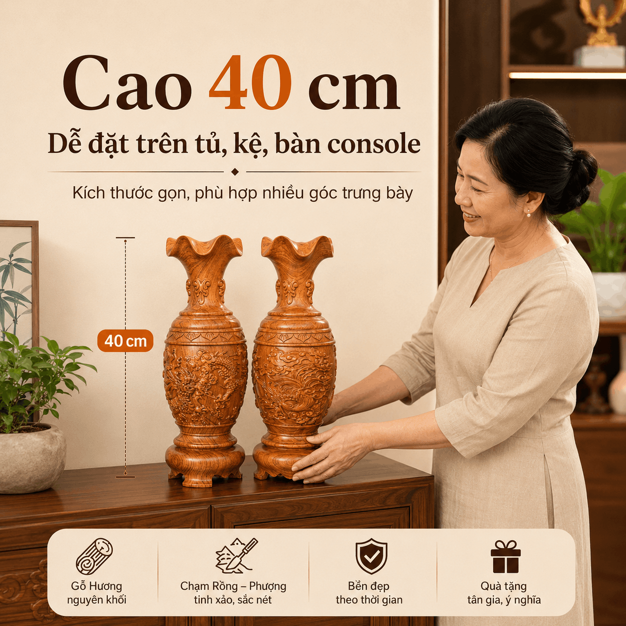 Cặp Lục Bình Long Phụng Sum Vầy Gỗ Hương Nguyên Khối Cao 40 cm