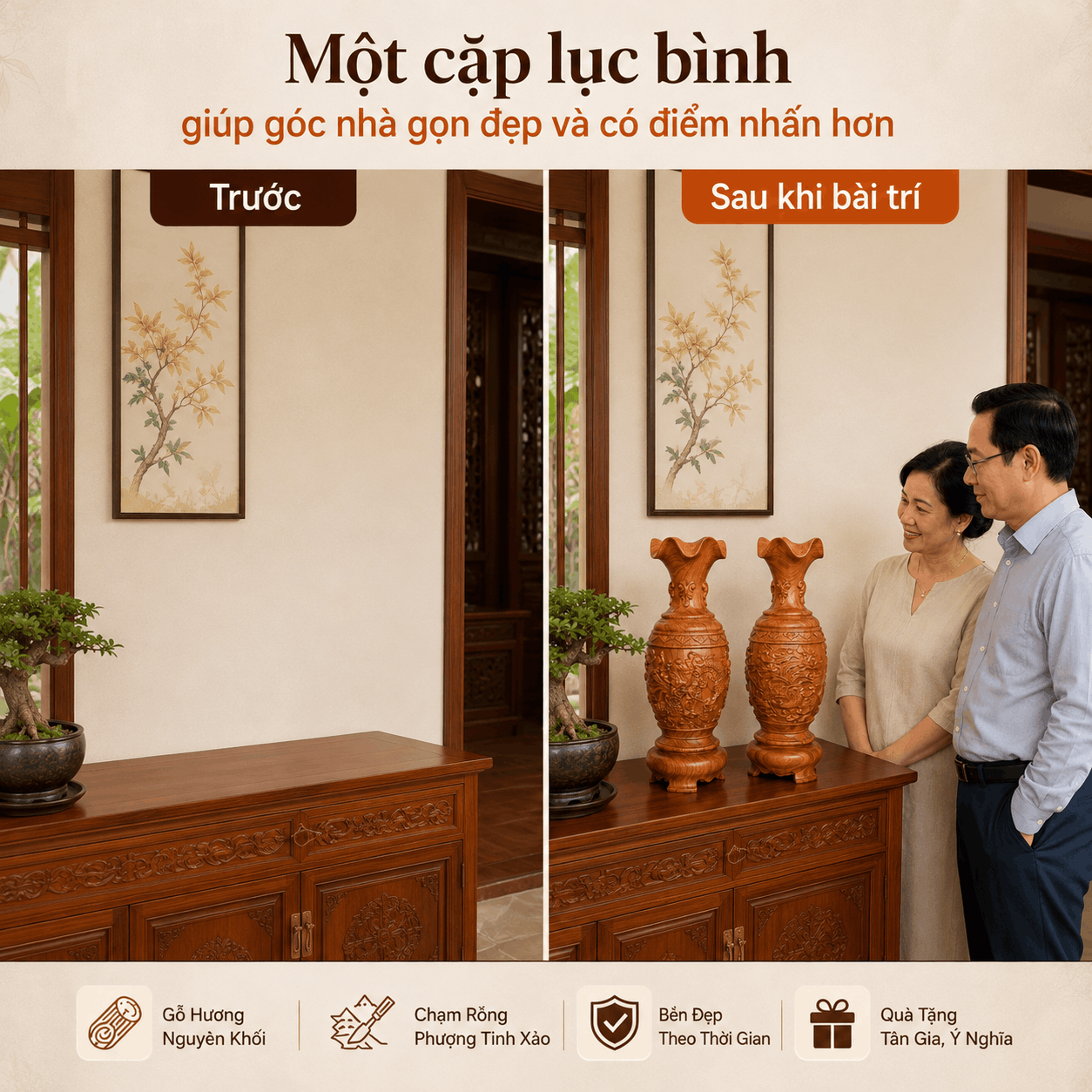 Cặp Lục Bình Long Phụng Sum Vầy Gỗ Hương Nguyên Khối Cao 40 cm