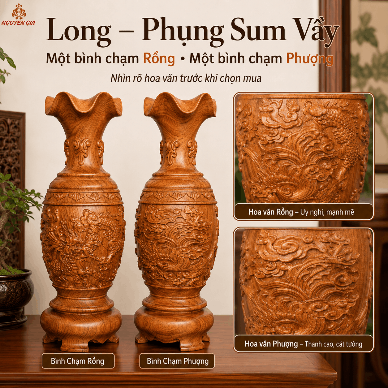 Cặp Lục Bình Long Phụng Sum Vầy Gỗ Hương Nguyên Khối Cao 40 cm