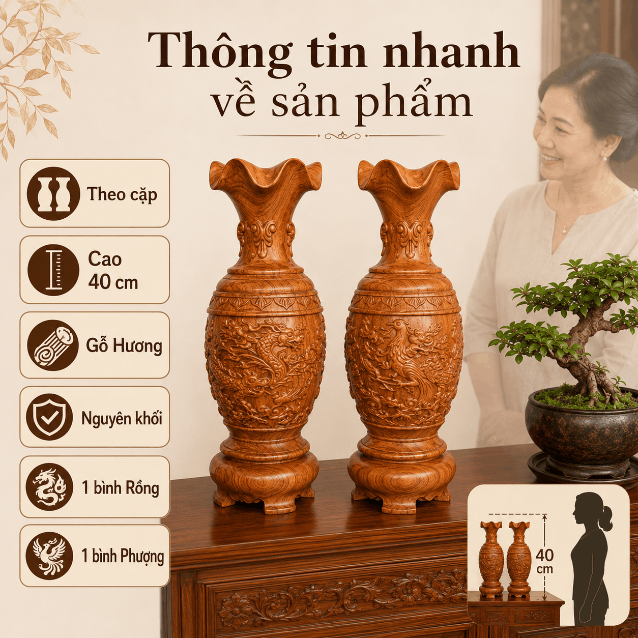 Cặp Lục Bình Long Phụng Sum Vầy Gỗ Hương Nguyên Khối Cao 40 cm