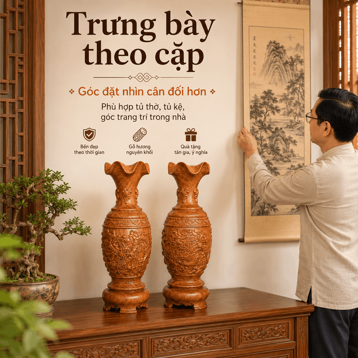 Cặp Lục Bình Long Phụng Sum Vầy Gỗ Hương Nguyên Khối Cao 40 cm