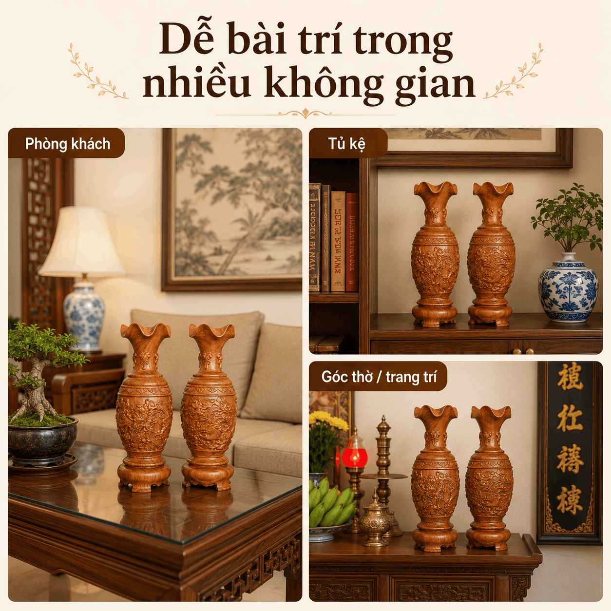 Cặp Lục Bình Long Phụng Sum Vầy Gỗ Hương Nguyên Khối Cao 40 cm
