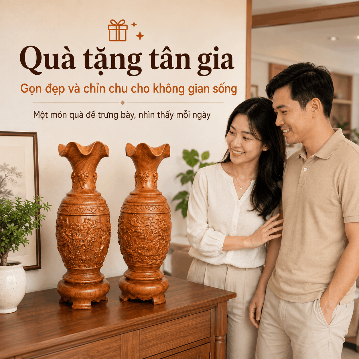 Cặp Lục Bình Long Phụng Sum Vầy Gỗ Hương Nguyên Khối Cao 40 cm