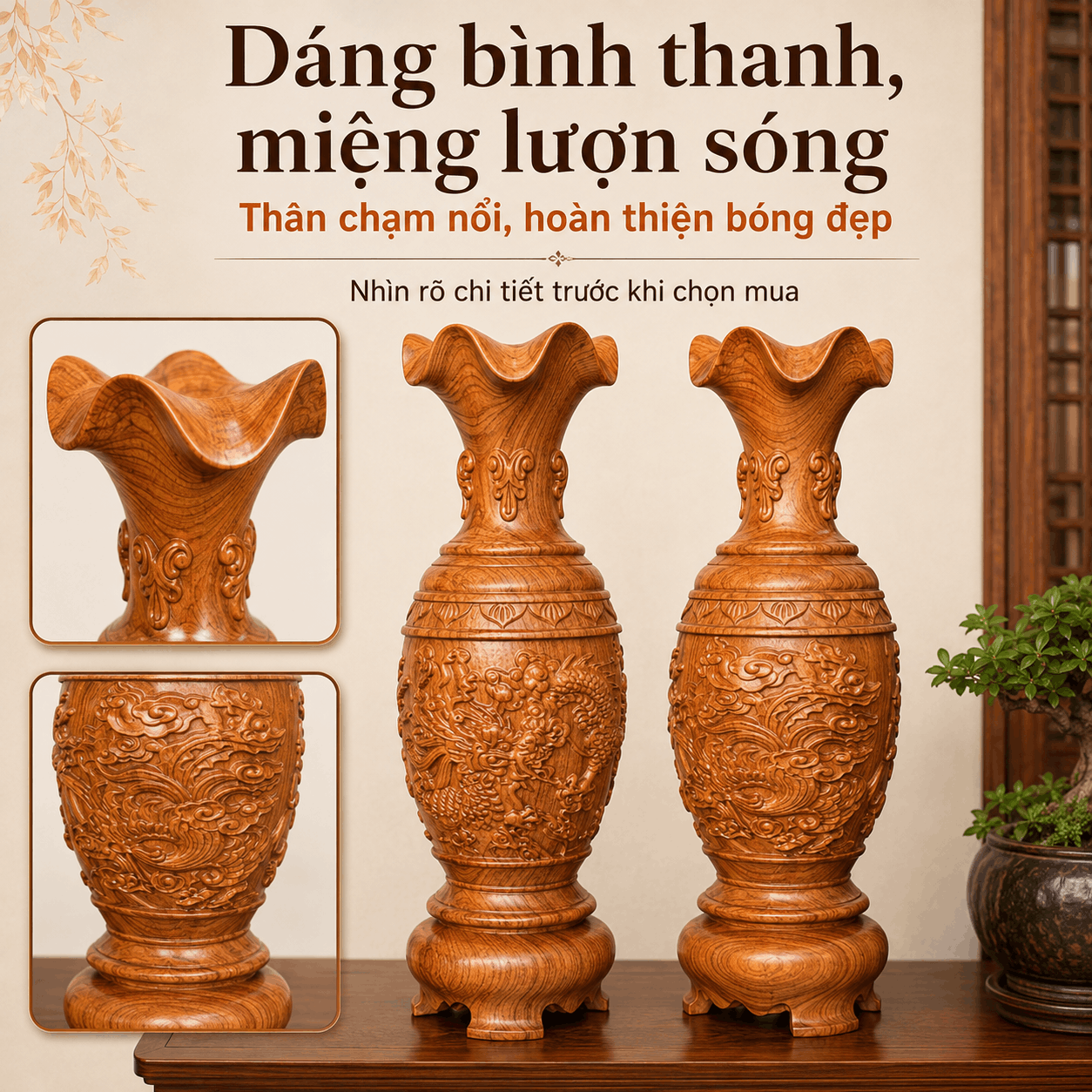 Cặp Lục Bình Long Phụng Sum Vầy Gỗ Hương Nguyên Khối Cao 40 cm