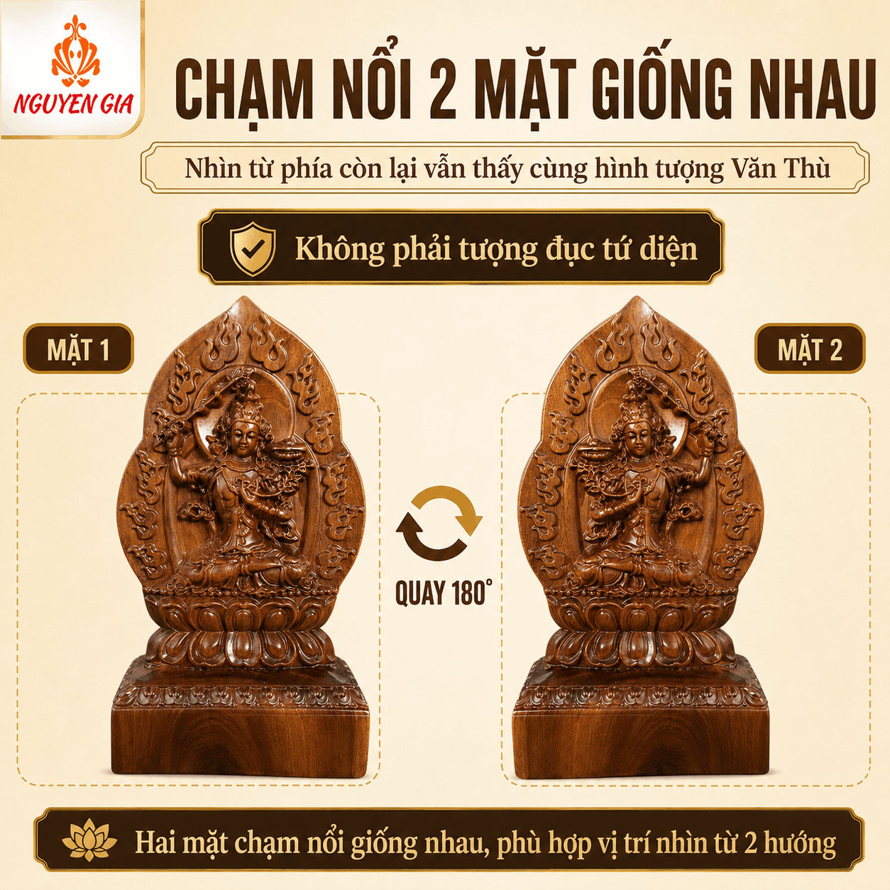 Tượng Phật Bản Mệnh Tuổi Mão Văn Thù Sư Lợi Bồ Tát Gỗ Bách Xanh 14,5 cm