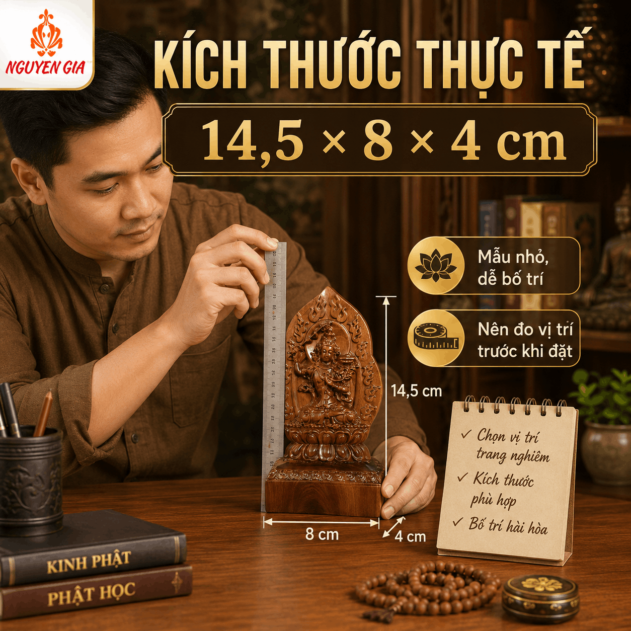 Tượng Phật Bản Mệnh Tuổi Mão Văn Thù Sư Lợi Bồ Tát Gỗ Bách Xanh 14,5 cm
