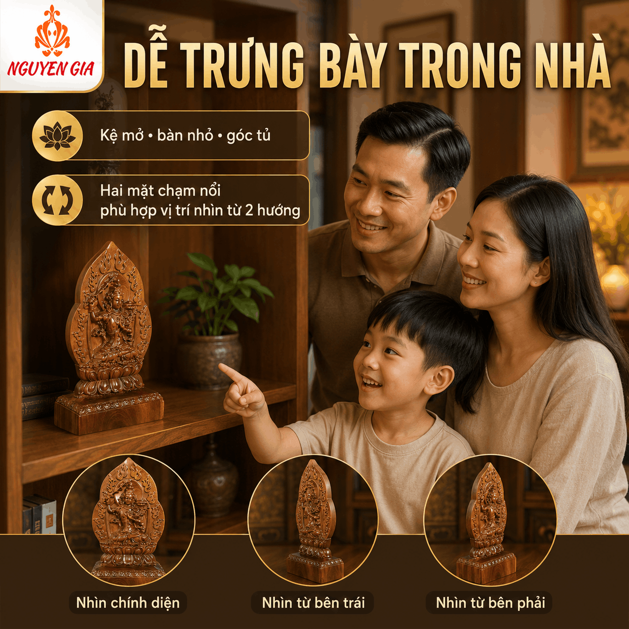 Tượng Phật Bản Mệnh Tuổi Mão Văn Thù Sư Lợi Bồ Tát Gỗ Bách Xanh 14,5 cm
