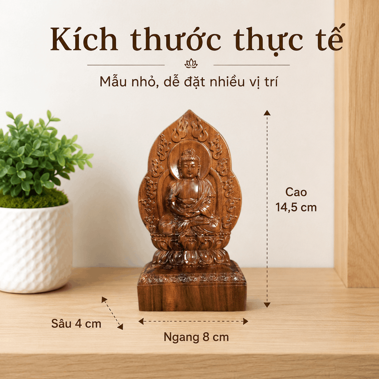 Tượng Phật Bản Mệnh Tuổi Mùi – Thân Như Lai Đại Nhật Gỗ Bách Xanh 14,5 cm