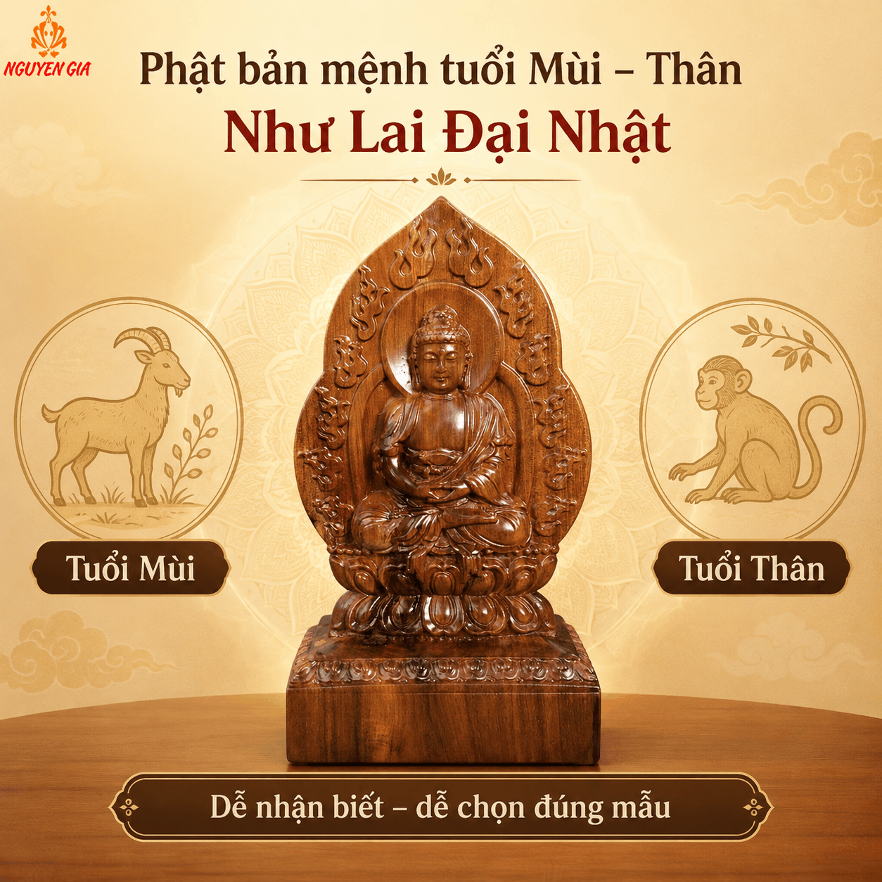 Tượng Phật Bản Mệnh Tuổi Mùi – Thân Như Lai Đại Nhật Gỗ Bách Xanh 14,5 cm