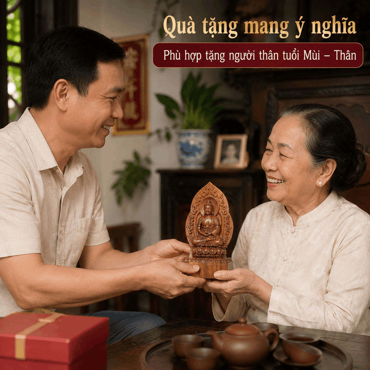 Tượng Phật Bản Mệnh Tuổi Mùi – Thân Như Lai Đại Nhật Gỗ Bách Xanh 14,5 cm