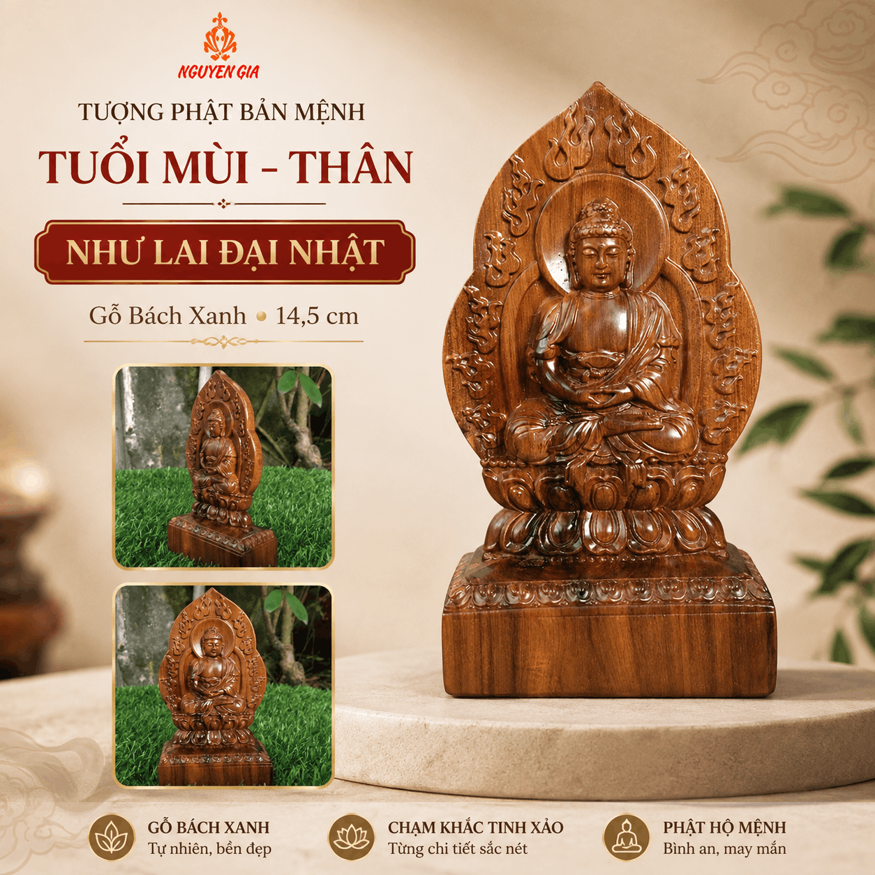 Tượng Phật Bản Mệnh Tuổi Mùi – Thân Như Lai Đại Nhật Gỗ Bách Xanh 14,5 cm