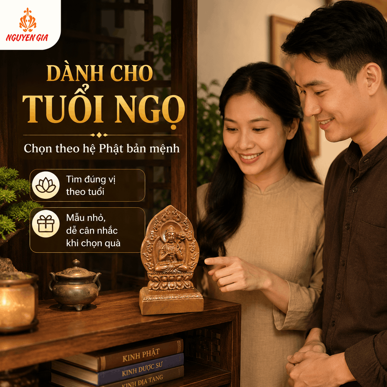 Tượng Phật Bản Mệnh Tuổi Ngọ Đại Thế Chí Bồ Tát Gỗ Bách Xanh 14,5 cm