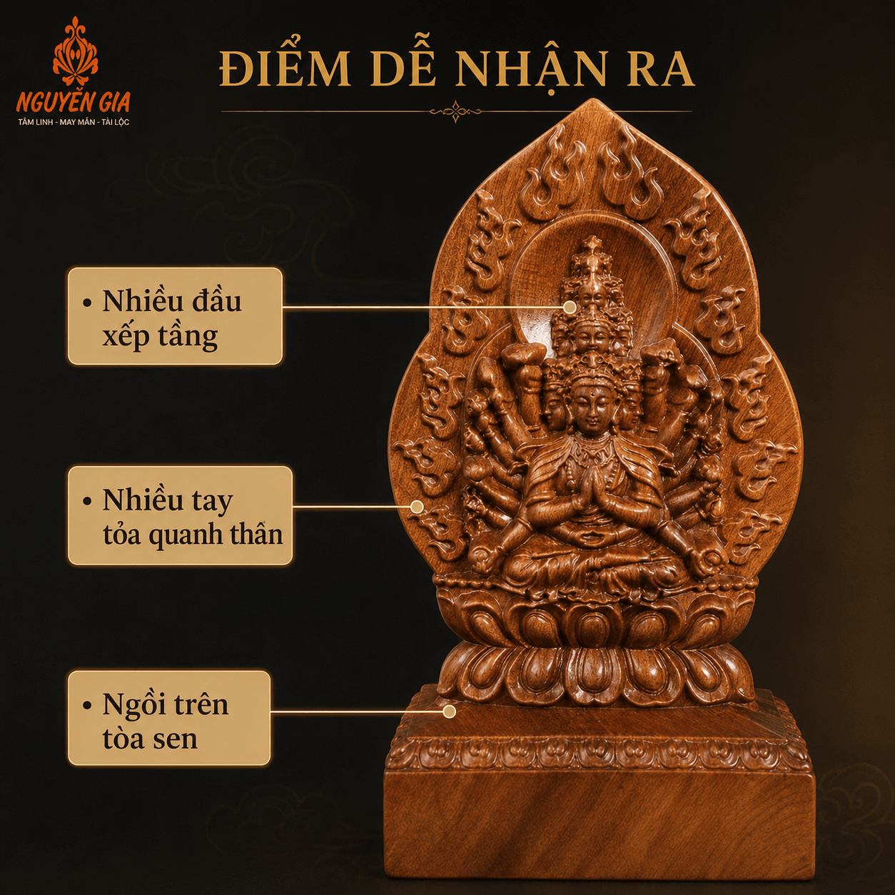 Tượng Phật Bản Mệnh Tuổi Tý Thiên Thủ Thiên Nhãn Gỗ Bách Xanh 14,5 cm