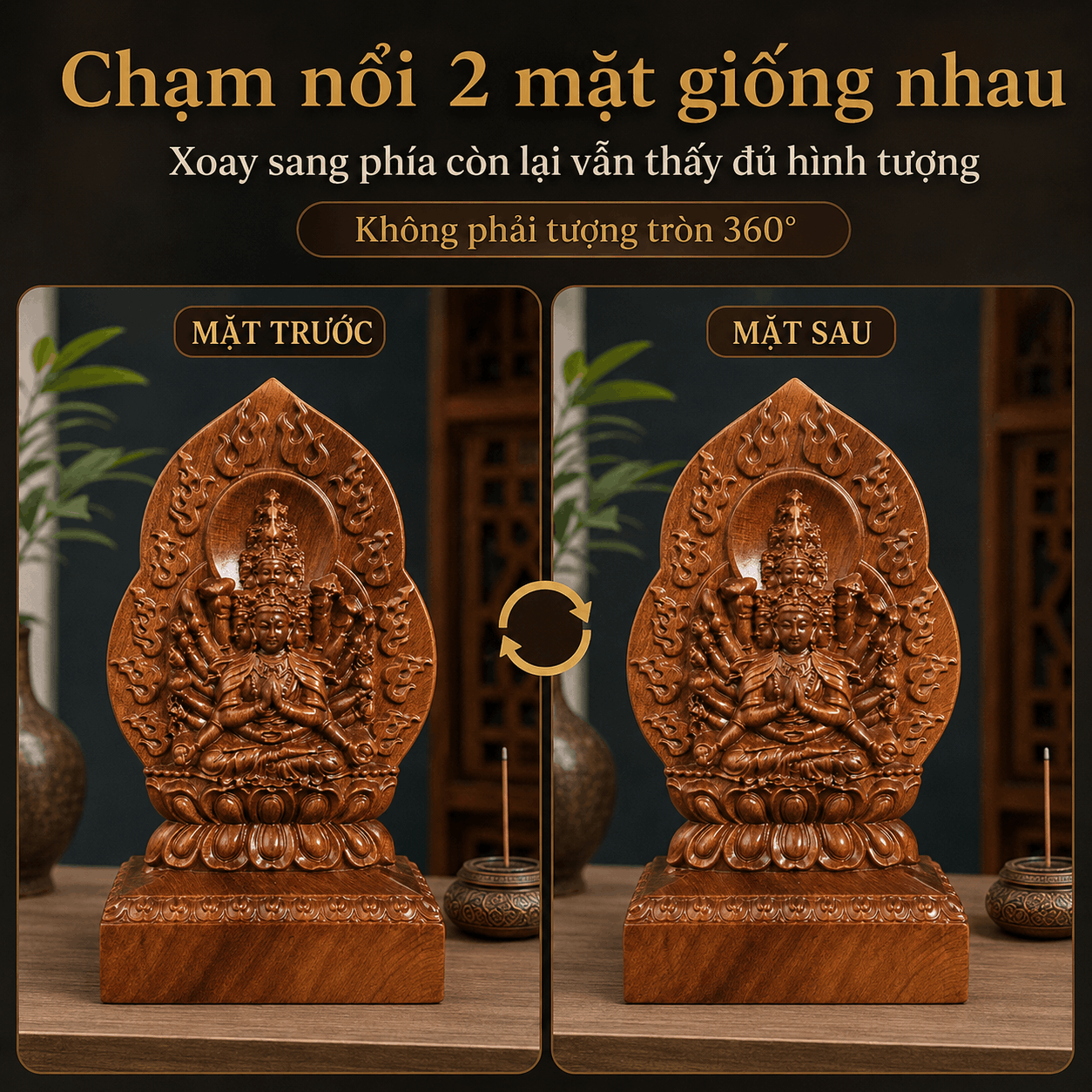 Tượng Phật Bản Mệnh Tuổi Tý Thiên Thủ Thiên Nhãn Gỗ Bách Xanh 14,5 cm