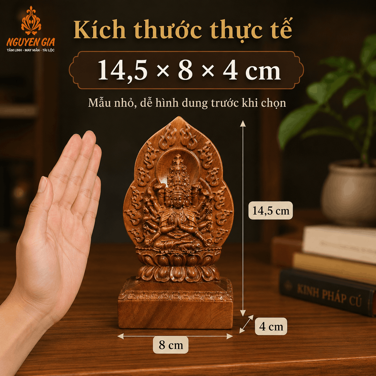 Tượng Phật Bản Mệnh Tuổi Tý Thiên Thủ Thiên Nhãn Gỗ Bách Xanh 14,5 cm