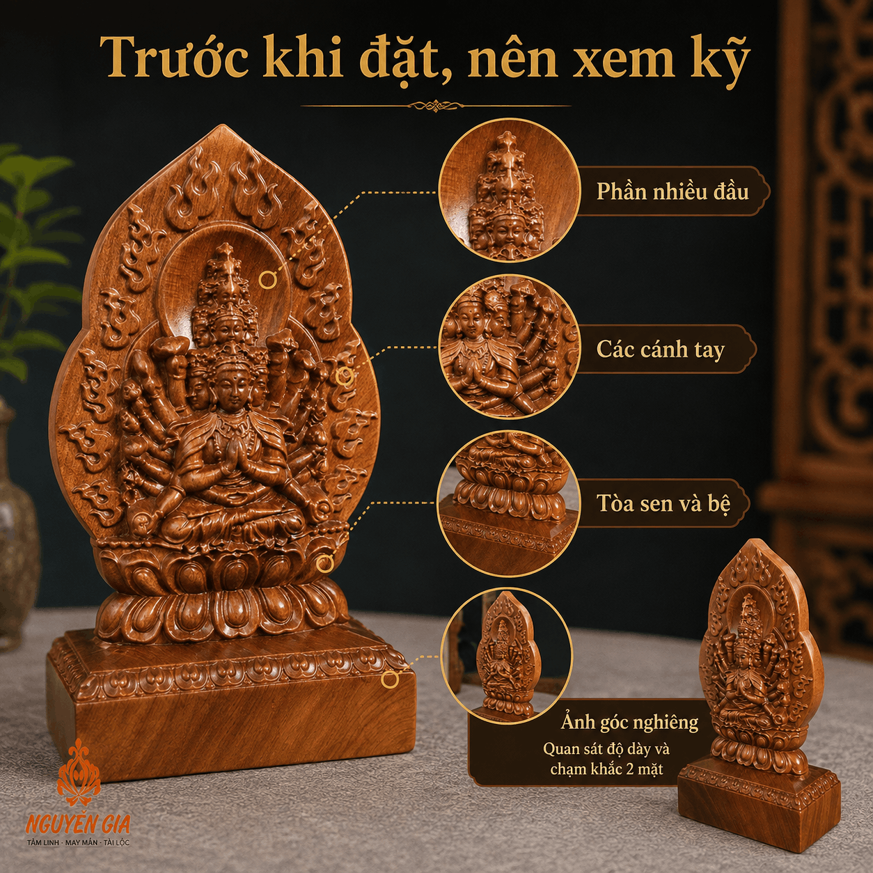 Tượng Phật Bản Mệnh Tuổi Tý Thiên Thủ Thiên Nhãn Gỗ Bách Xanh 14,5 cm