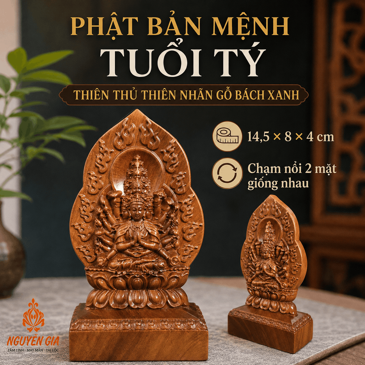 Tượng Phật Bản Mệnh Tuổi Tý Thiên Thủ Thiên Nhãn Gỗ Bách Xanh 14,5 cm